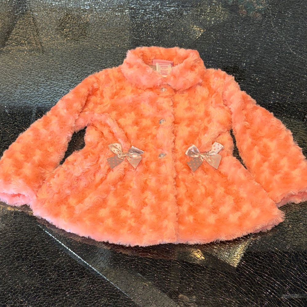Girls' Coral Faux-Fur Coat with Bow Details
